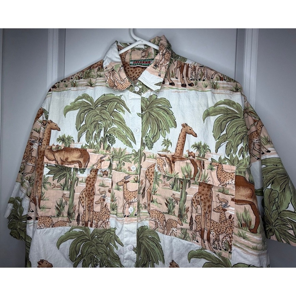 Vintage 90's African Safari Giraffes Camels AOP Button Up Shirt Sz Mens Large